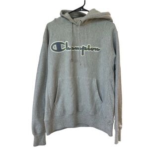 Champion Men's grey special edition hoodie kangaroo pocket woven logo M EUC